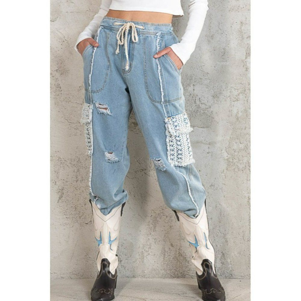 POL Leila Crochet Pocket Denim Joggers SMP494 - Picture 4 of 8